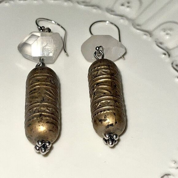 HANDCRAFTED boho chunk moonstone & brass tubal beads earrings - Picture 4 of 8
